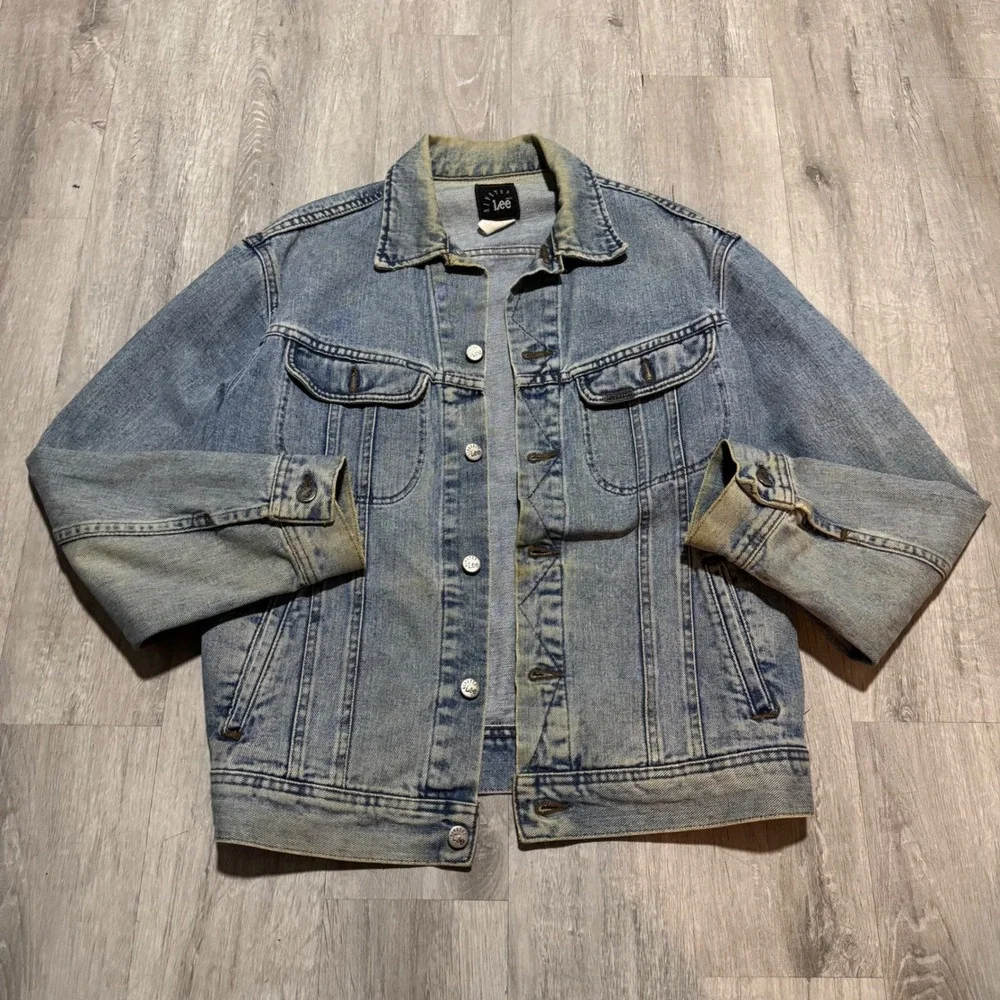 Vintage Riveted Lee Denim Trucker Jacket Light Wash Blue Mens Large L